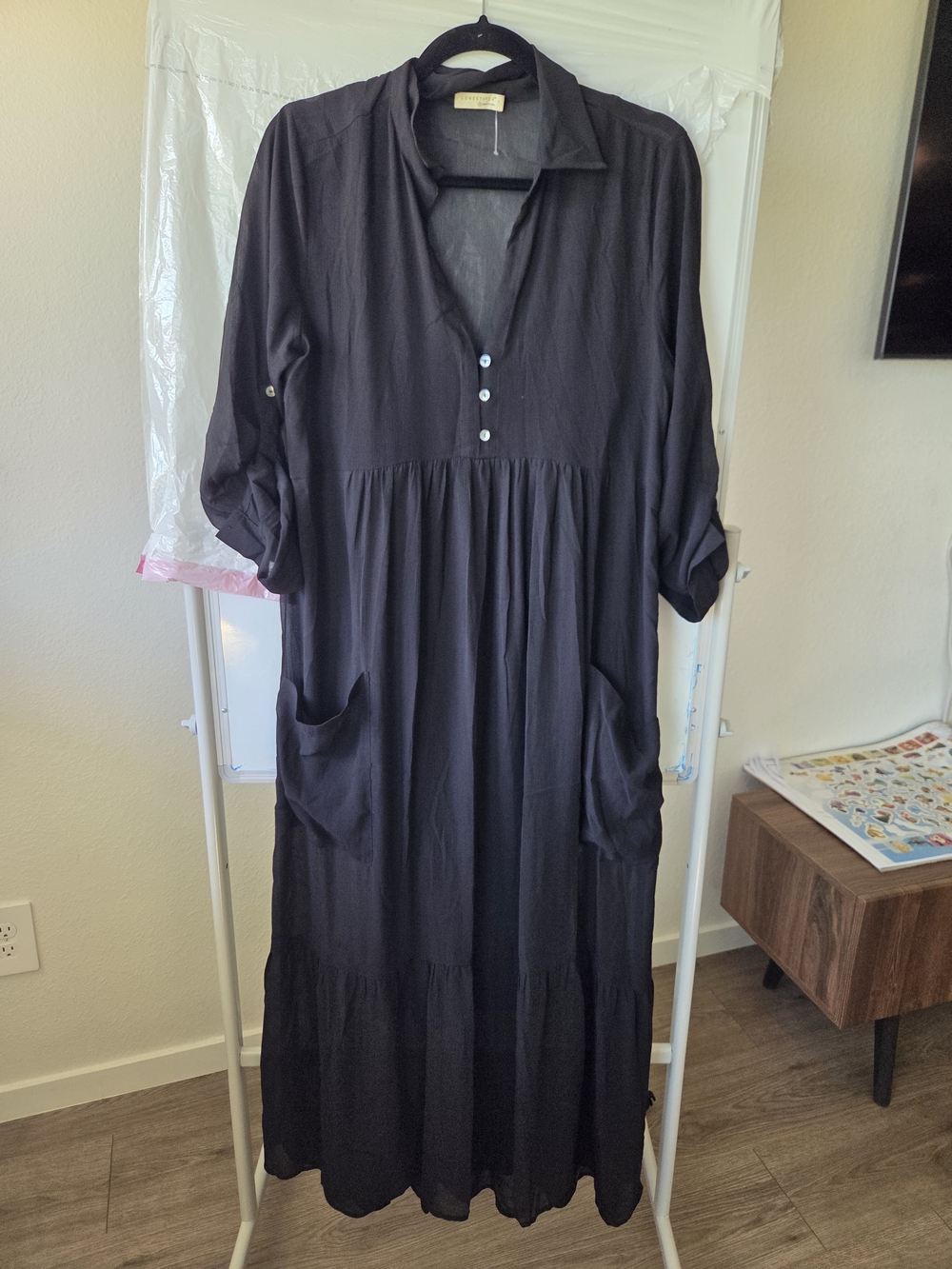 lovestitch Black Long Sleeve Maxi Dress with Pockets